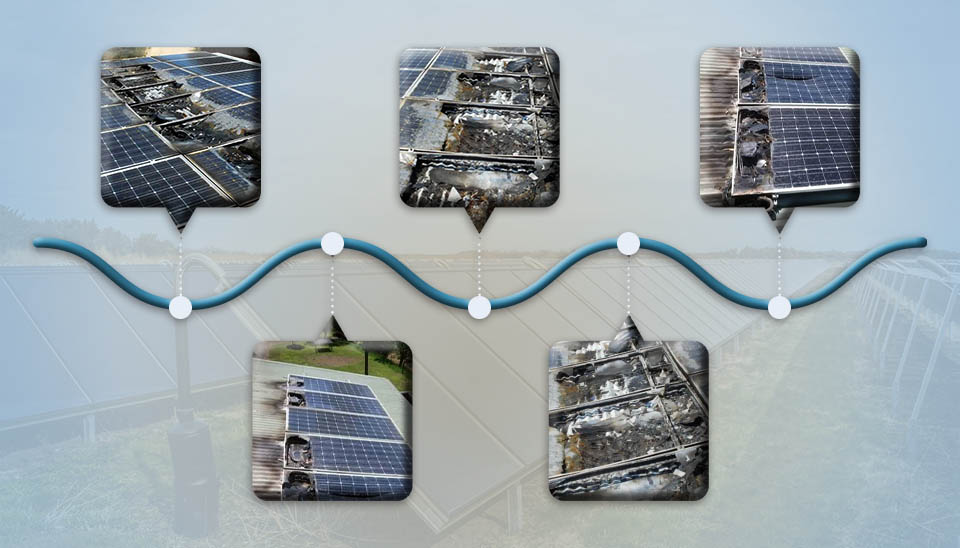 تصاویر متوالی آسیب شدید ماژولهای PV: سوختگی، ذوب شدن و تخریب سطح سلولها به دلیل نقص یا شکست حرارتی.
