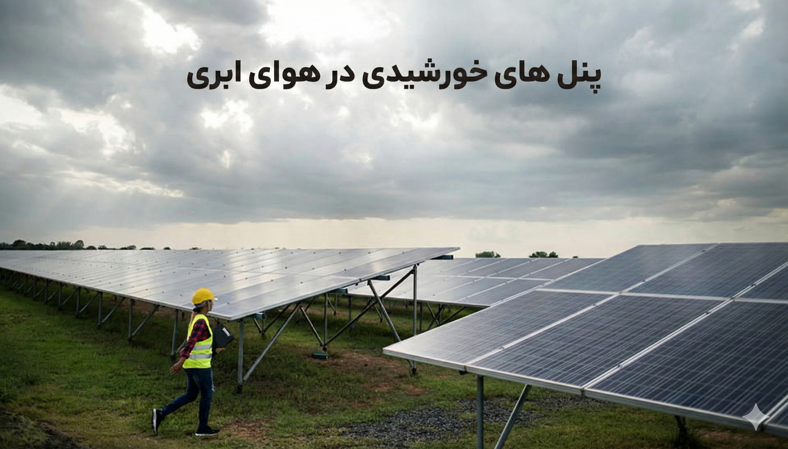 یک مهندس با کلاه ایمنی در حال قدم زدن در میان ردیف‌های پنل‌های فتوولتائیک بزرگ مقیاس در یک روز ابری و تیره.