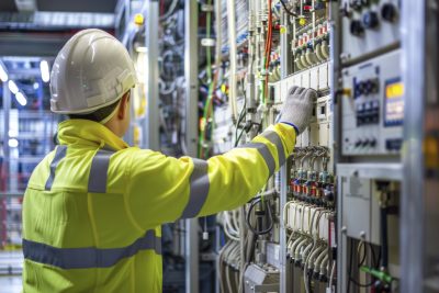 Electrical technician inspecting a power distribution control panel