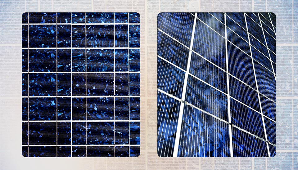 Close-up of the multi-crystal texture of the polycrystalline silicon solar cell. The surface features white busbars and a blue antireflection (AR) coating, which contributes to its unique, yet less aesthetically uniform appearance compared to monocrystalline panels.