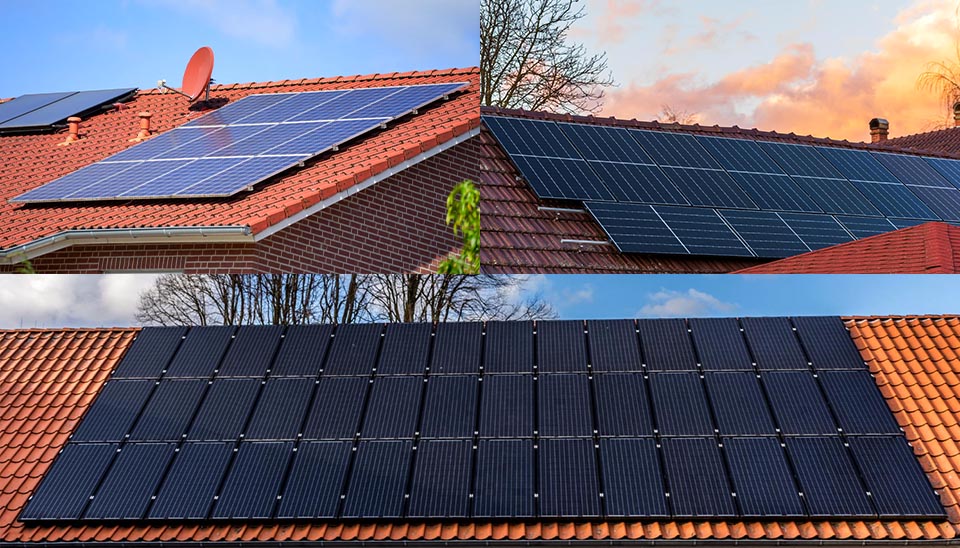 Visual summary of the various types of solar silicon cells, with a focus on appearance. The image demonstrates how panel aesthetics, which vary widely between the mono and poly types, influence the final look of a residential silicon solar panel installation.