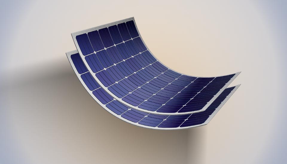 Two curved, flexible thin-film solar panels for use on non-traditional surfaces like vehicle roofs or curved building facades.