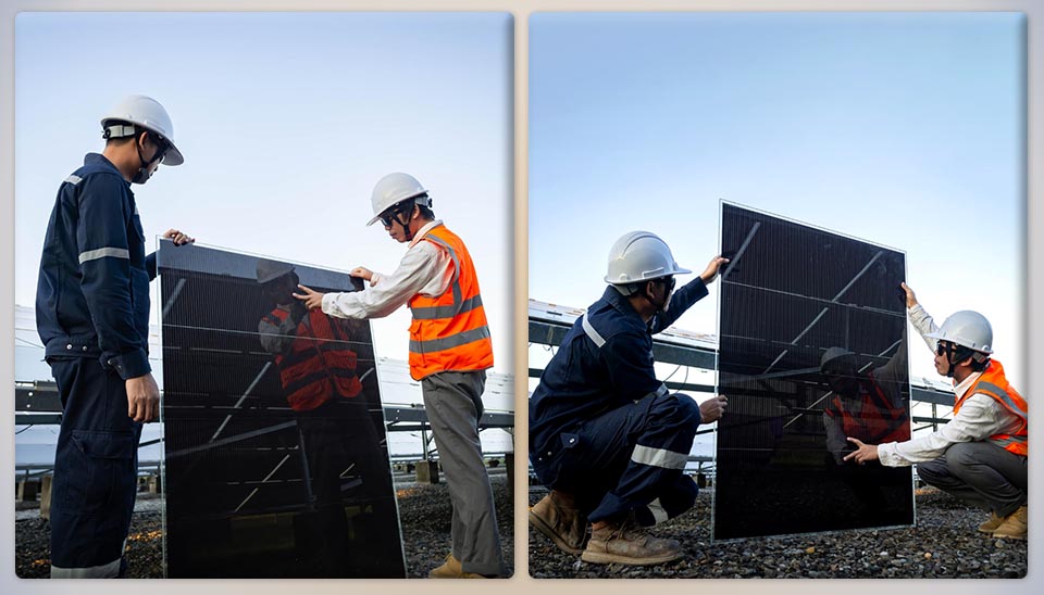 Solar panel installation is a critical step in ensuring system reliability. The workers in hard hats and high-vis gear demonstrate adherence to safety protocols while carefully positioning the monocrystalline solar panels on the mounting racks.