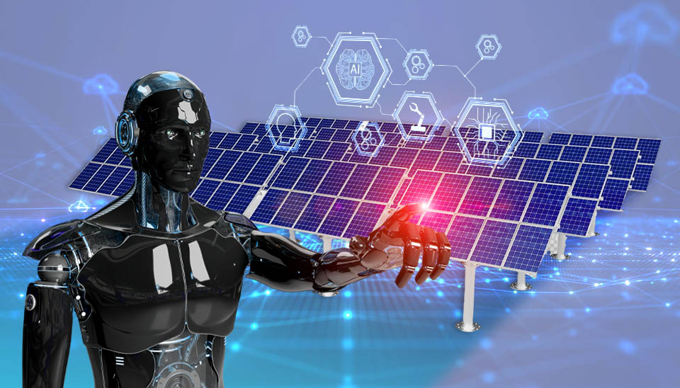 AI applications in solar energy systems with a robotic interface interacting with photovoltaic panels