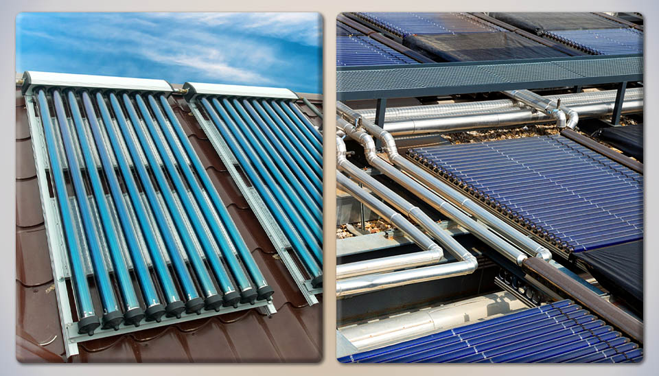Comparison of evacuated tube solar collectors and flat-plate collectors with metal piping on a rooftop.