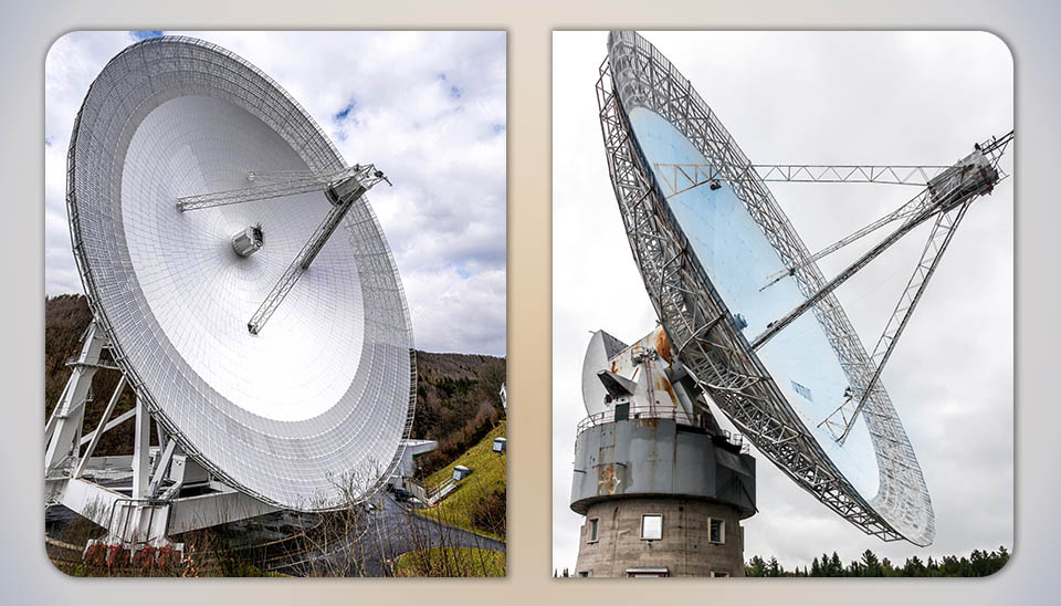 Comparison of two large parabolic radio telescopes with different truss structures for collecting radio waves.