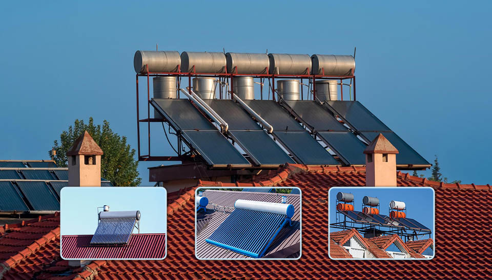 Multiple flat-plate and evacuated tube solar water heater systems shown on rooftops for residential hot water.