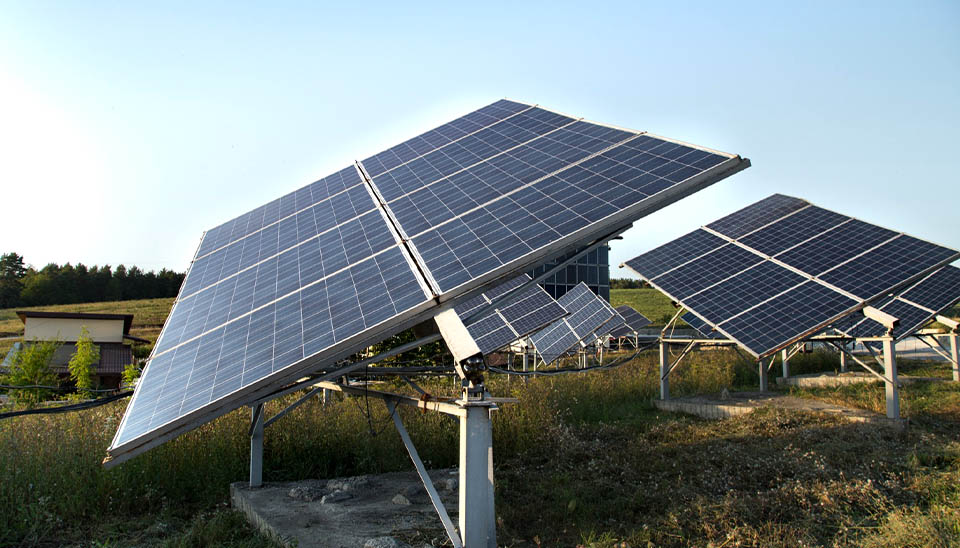 Advanced tilted single-axis solar tracking system farm designed to boost daily energy yield by optimizing solar exposure.
