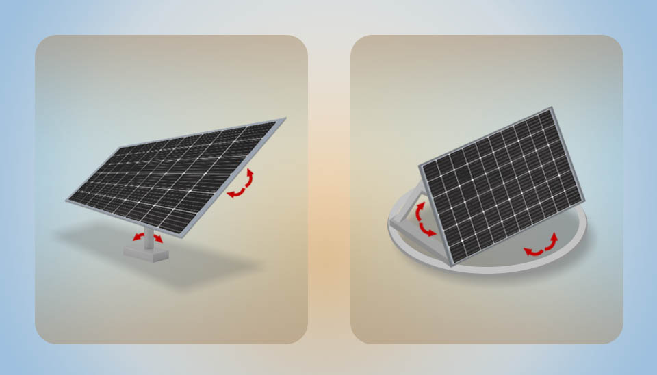 Comparison of dual-axis solar tracking configurations: (a) Tip-Tilt dual-axis tracker and (b) Altitude-Azimuth dual-axis tracker as illustrated by Emon 2022.