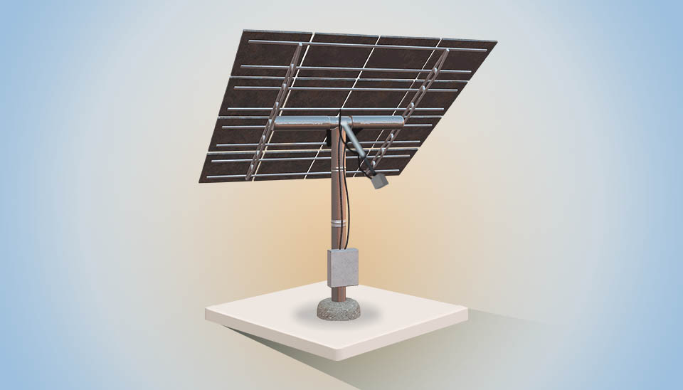 Vertical single-axis solar tracking system mechanism rotating PV panels from east to west to follow the sun's daily path.
